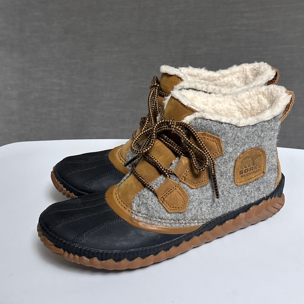 Sorel Out N‎ About Plus Boots 8 Grey Black Brown Waterproof Duck Boot Faux Lined